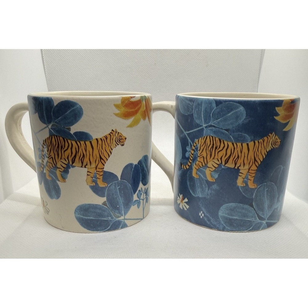 2 Nicobar Global Nadi Straight Mugs Stoneware Oatmeal With Tigers‎ Hand Painted - Picture 3 of 4
